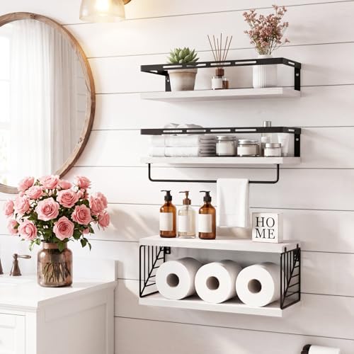 Fixwal Wall Mounted Bathroom Shelves Over Toilet (3+1 White) | Wall Shelf with Basket Storage , Towel Bar, Solid Wood, 22Lb Capacity, Easy DIY Install - color: 4-white