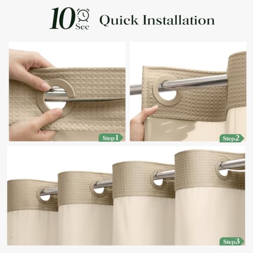 Beige Hook Free Waffle Shower Curtain & Snap-in Fabric Liner,60x75 | Less Time to install, 3 in 1 Fabric Shower Curtain and Liner Set with Magnets, Stall, Shower Curtains for Bathroom - color: B Beige, size: 60"W x 75"L (Pack of 1)