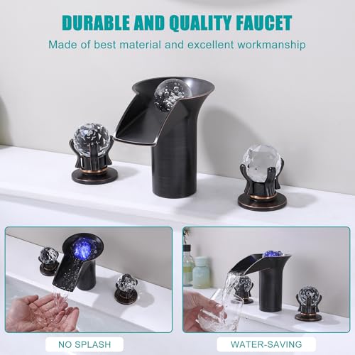 SKOWLL Oil Rubbed Bronze Waterfall Bathroom Faucet 3 Hole, Free Floating Crystal Ball with LED Light, Two Handle 8 Inch Widespread Faucet for Bathroom Sink - color: Oil Rubbed Bronze