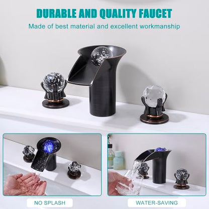 SKOWLL Oil Rubbed Bronze Waterfall Bathroom Faucet 3 Hole, Free Floating Crystal Ball with LED Light, Two Handle 8 Inch Widespread Faucet for Bathroom Sink - color: Oil Rubbed Bronze