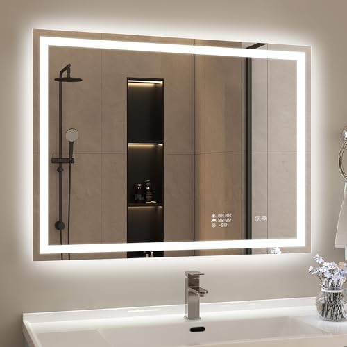 STARLEAD 24"x32" LED Bathroom Mirror with Built-in Clock, Dimmable Lighting, 3 Color Temperature, Anti-Fog, Touch Control Wall Mounted Vanity Mirror - color: Silver-clock, size: 32"L x 24"W