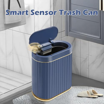 ELPHECO 2 Gallon Sensor Trash Can, Automatic Lid, Midnight Blue Gold | IPX5 Waterproof Bathroom Trash Bin, Slim Garbage Can, Plastic Wastebasket for Office, Bedroom and Kitchen - color: Blue Gold