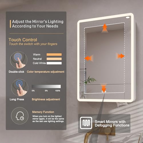 basenji 19"x27" Medicine Cabinet with Mirror, Anti-Fog, Aluminum Alloy Body | Tri- Color Dimmable Lights, Adjustable Shelves, Storage Behind Door, Tissue Holder