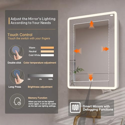 basenji 19"x27" Medicine Cabinet with Mirror, Anti-Fog, Aluminum Alloy Body | Tri- Color Dimmable Lights, Adjustable Shelves, Storage Behind Door, Tissue Holder