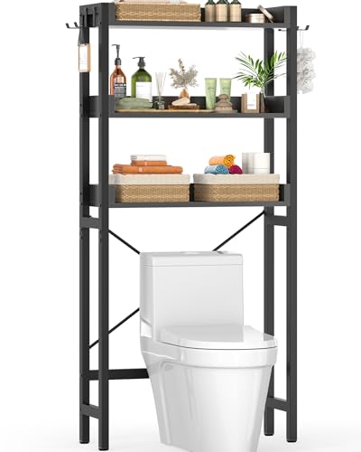 Ecoprsio Over-The-Toilet Storage Rack, 3-Tier Bathroom Organizer Shelf Over Toilet, Freestanding Space Saver Toilet Stands with 4 Hooks, Black - color: Black
