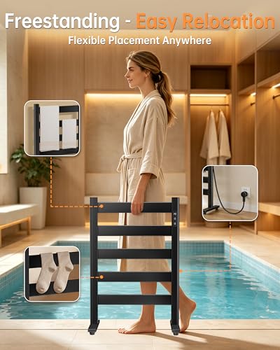 Towel Warmers for Bathroom, Space Aluminum Heated Towel Racks for Bathroom, with Built-in Timer&Temperature Adjustment, Freestanding Towel Heater，Black