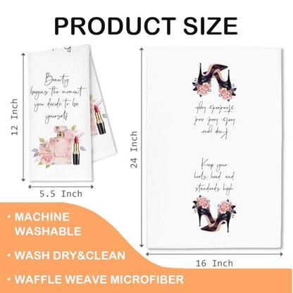 Pink and Black Bathroom Hand Towels, Girly Bathroom Decor, Pink Floral Perfume High Heels Decorative Hand Towels for Vanity Powder Room Washroom Restroom, 16x24 Inch Set of 2