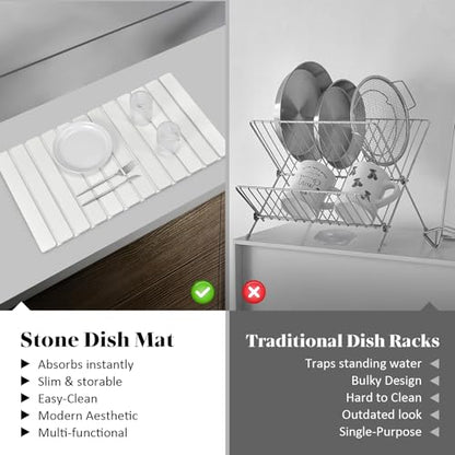 Extra Large Stone Dish Drying Mat for Kitchen Counter, 28"(L)×16"(W) Eco-Friendly Diatomaceous Earth Dish Mats, Fast Dry Absorbent Collapsible Mats for Bottles,Dishes, Match Any Countertop - size: 28" x 16"