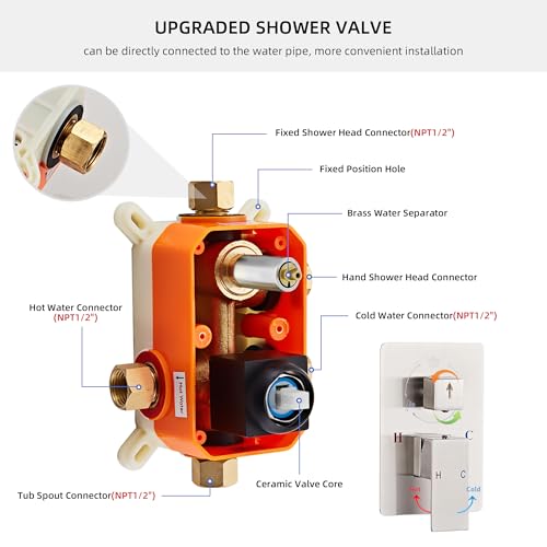 Shower Faucet Set with Tub Spout, Brushed Nickel Rainfall Shower System Complete Wall Mounted for Bathroom with 12 Inch Square Shower Head and Handheld Shower Head Rain Mixer Combo Set - color: Brushed Nickel, style: 12 Inch with Tub Spout