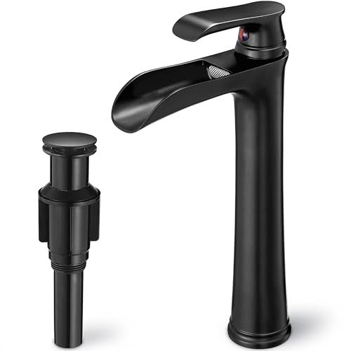 Waterfall Bathroom Sink Faucet, Brass Tall Black Bathroom Faucet Single Handle Vessel Faucet, Bathroom Faucets One Hole Mixer Bowl Tap with Pop-Up Drain Water Hoses for Vanity Lavatory Farmhouse - color: Matte Black