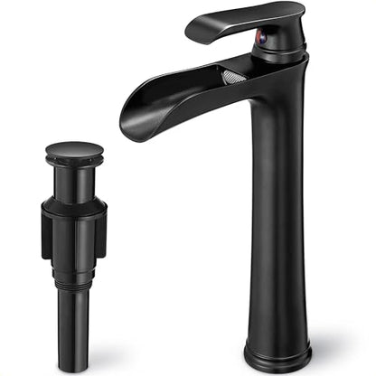 Waterfall Bathroom Sink Faucet, Brass Tall Black Bathroom Faucet Single Handle Vessel Faucet, Bathroom Faucets One Hole Mixer Bowl Tap with Pop-Up Drain Water Hoses for Vanity Lavatory Farmhouse - color: Matte Black