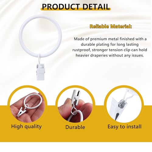 Curtain Rings with Hooks 14 Pack - Rustproof Metal Drapery Clips for Window, Shower, Door, 1.5" Inner Diameter, Smooth Gliding, Fits 5/8" to 3/4" Rods, White - color: White