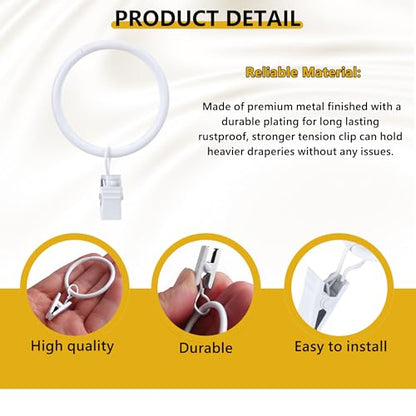 Curtain Rings with Hooks 14 Pack - Rustproof Metal Drapery Clips for Window, Shower, Door, 1.5" Inner Diameter, Smooth Gliding, Fits 5/8" to 3/4" Rods, White - color: White