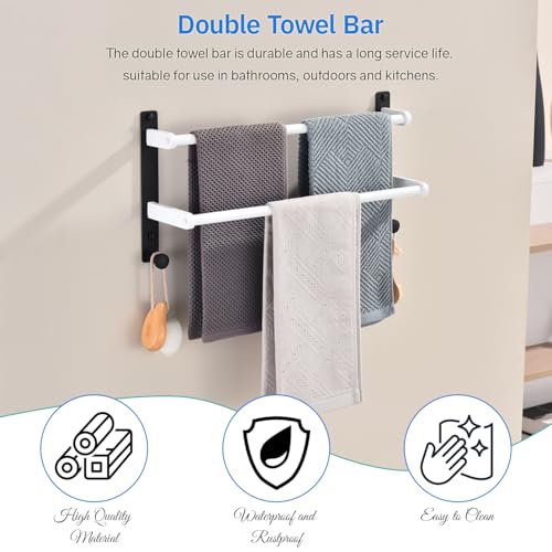 Bathroom Double Towel Rack with Hooks, 18-Inch Towel Bar - Stainless Steel Wall Mounted Towel Holder, White & Black - color: Black & White, size: 18-Inch
