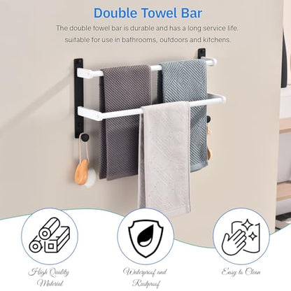 Bathroom Double Towel Rack with Hooks, 18-Inch Towel Bar - Stainless Steel Wall Mounted Towel Holder, White & Black - color: Black & White, size: 18-Inch