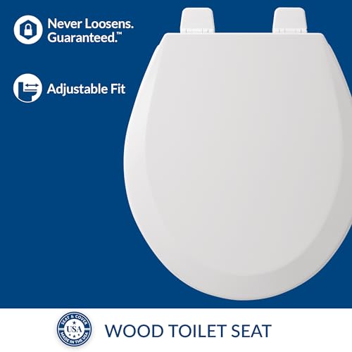 Bemis 500TTT Durable Wood Toilet Seat, Secure Hinges Stay Tight, Made in USA, Round, White - size: ROUND