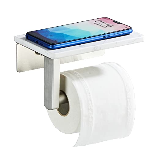 Brushed Nickel Toilet Paper Holder with Marble-Look Shelf, Wall Mounted SUS304 Stainless Steel Toilet Roll Holder with Phone Storage - color: Brushed Nickel
