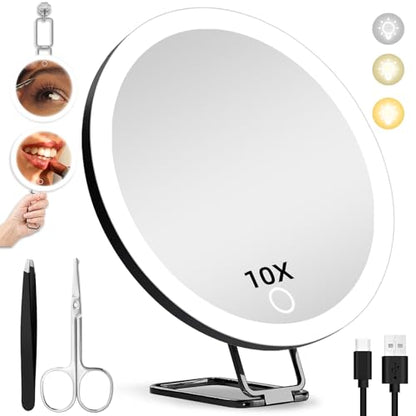 10X Magnifying Mirror with Lights, 6inch Makeup Magnified Mirror 10x Lighted Travel Magnification with 3 Suction Cups and 360° Adjustable Bracket - Includes Tweezers & Scissors - color: Black-10x