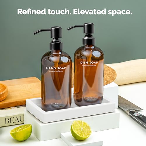Vine Creations Amber Glass Soap Dispenser Set, Kitchen Soap Dispenser Set with Ceramic Tray, 16 oz Dish Soap and Hand Soap Dispensers with Stainless Steel Pump Decor (Amber Bottle/Matte Black) - color: Amber Bottle / Matte Black Pump