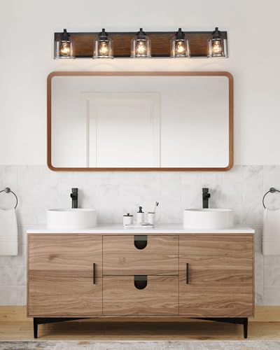 5-Light Bathroom Vanity Lights Large 40" with Bubble Glass Shades | Farmhouse Rustic style, Hand-Painted Brown Wood-Grain Metal Backplate, E26 Ceramic Socket, UL&ETL, mount up/down, over mirror - color: Brown, size: 5-Light
