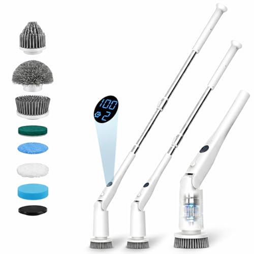 Electric Spin Scrubber, High Torque Deep Cleaning Scrubber, Cordless Cleaning Brush with Adjustable Handle & 7 Replaceable Heads, Heavy-Duty Bathroom Scrubber for Bathroom Cleaning (White)