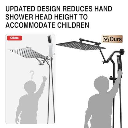 All Metal 12 Inch Rain Shower Head with Handheld Built-in Power Wash Mode, High Pressure Waterfall Rainfall Square Shower Heads with 16" Adjustable Extension Arm, Dual Showerhead, Matte Black - color: Matte Black, size: 12 Inch