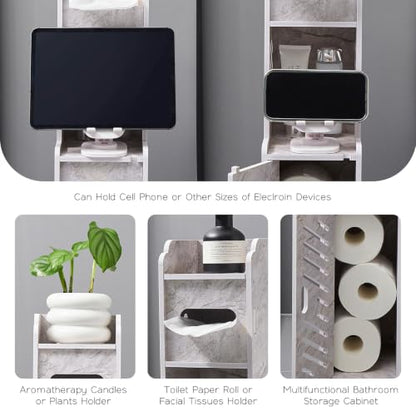 Slim Toilet Paper Storage Cabinet, Freestanding Toilet Paper Holder Stand, Bathroom Storage Cabinet for Storage and Toilet Paper Organization (Marble White)