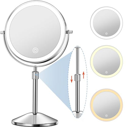 Vanity Mirror with Lights 7" Rechargeable 1x/10x Lighted Makeup Mirror Adjustable Height Double Sided Mirror with Lights 360°Rotating Makeup Mirror
