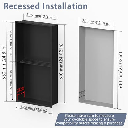 Shower Niche 24"×12" No Tile Needed, Matte Black Recessed Wall Niche, Stainless Steel, Waterproof Rust Resistant, 4in Deep for Bathroom Shower Room - size: 12"W x 24"H x 4"D