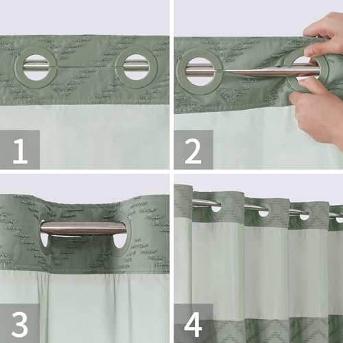 eachope No Hook Tufted Chevron Striped Shower Curtain with Snap-in Fabric Liner set-71Wx74H(72H),Sage Green Hotel Grade Boho Style Shower Curtain with See Through Top Window,Water Repellent - color: Sage Green, size: 71"W x 74"L (Pack of 1)