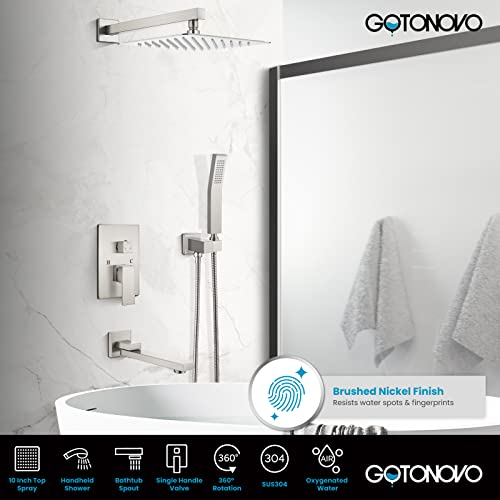 gotonovo Tub Shower Faucet Set with Valve Kit 10’’ Head,Brushed Nickel | Shower System with Tub Spout,SUS304 Rain Head with Handheld Sprayer,Swivel Spout,All Metal,Rough-In Valve Trim Kit,Wall Mount - color: Nickel, size: 10’’ Head
