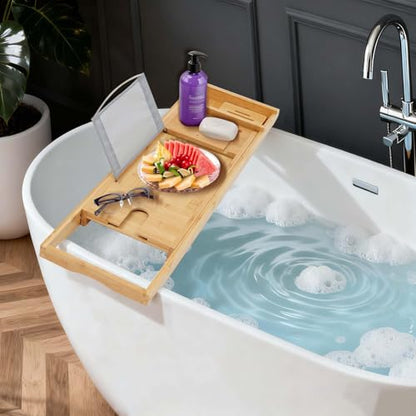 Bamboo Bathtub Tray Caddy with Adjustable Width, Natural Wood Bath Tray Organizer with Snack Bowl & Detachable Box for Book, Wine Glass, Candle, Spa Bath Accessories