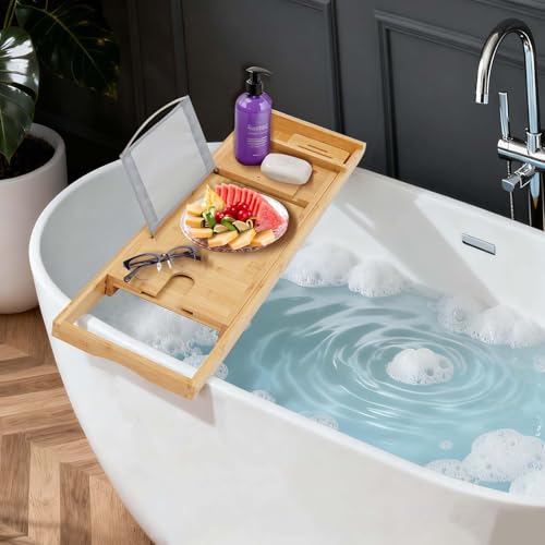 Bamboo Bathtub Tray Caddy with Adjustable Width, Natural Wood Bath Tray Organizer with Snack Bowl & Detachable Box for Book, Wine Glass, Candle, Spa Bath Accessories