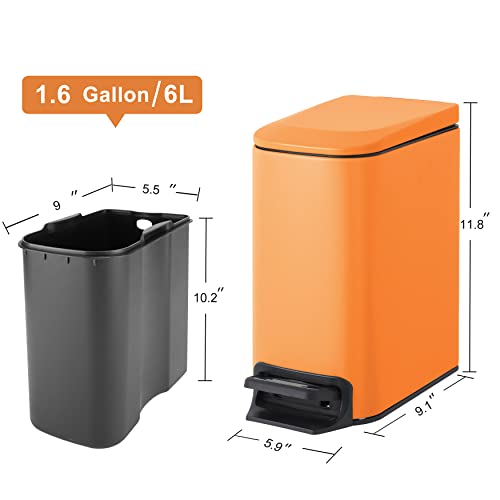 Cesun Small Bathroom Trash Can with Lid, 1.6 Gal, Soft Close, Matte Orange | Step pedal soft close, Slim 5.9in fits narrow spaces, Stainless steel, Anti-fingerprint, Removable inner bucket, Odor seal - color: Matt Orange