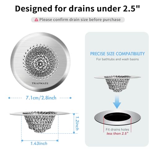 TRAPMATE 2PCS Bathtub Drain Strainer, 2.8" Patented Reversible Shower Tub Drain Hair Catcher, 304 Stainless Steel Drain Cover Protector fits Bathtub & Wash Basin, for Drains Under 2.5 Inches - color: Silver Silver