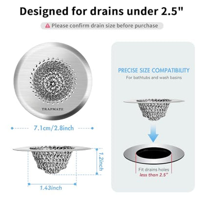 TRAPMATE 2PCS Bathtub Drain Strainer, 2.8" Patented Reversible Shower Tub Drain Hair Catcher, 304 Stainless Steel Drain Cover Protector fits Bathtub & Wash Basin, for Drains Under 2.5 Inches - color: Silver Silver