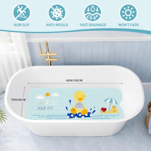 Baby Bath Mat for Tub Non Slip Kids, BPA Free Extra Long Bathtub Mat 40x16 with Drain Holes and 200 Suction Cups, Non Toxic Machine Washable Toddler Bath Mat, Eco-Friendly Certified - color: Light Blue Summer Duck