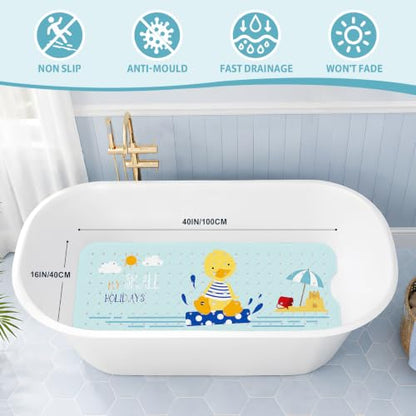 Baby Bath Mat for Tub Non Slip Kids, BPA Free Extra Long Bathtub Mat 40x16 with Drain Holes and 200 Suction Cups, Non Toxic Machine Washable Toddler Bath Mat, Eco-Friendly Certified - color: Light Blue Summer Duck
