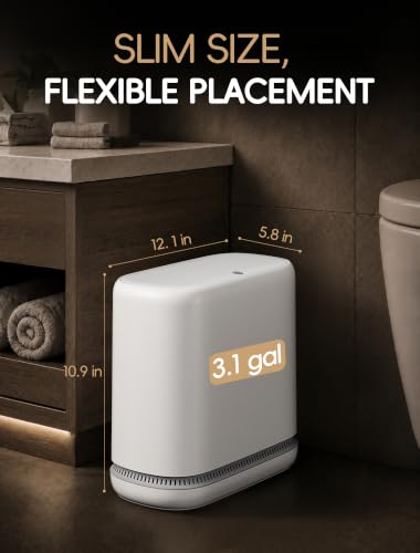 Small Bathroom Trash Can with Lid, Dog Proof Slim Press Top Garbage Can, White Plastic Narrow Waste Basket, for Bathroom Bedroom Office 3.1 Gal with 5 Rolls 75 Trash Bags