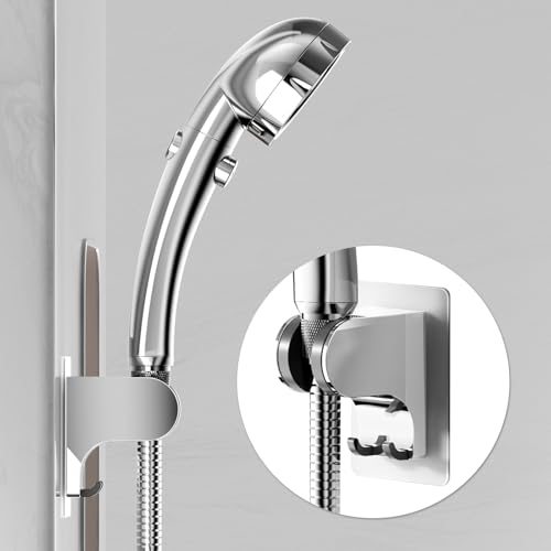 JONKEAN 3m Shower Head Holder Without Drilling Chrome 1 Pack | 2 Practical Hooks Design, Angle Adjustable Bracket, Fits G1/2 Shower Hose, Easy to Install No drilling Required - style: Chrome