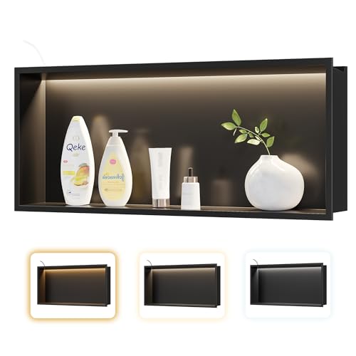 Qeke 30" X 12" Stainless Steel Shower Niche w/ 3 CCT Dimmable Light, Black | No Tile Needed Wall Niche, Recessed Niche w/ Light(3000K/4000K/6000K), IP66 Waterproof, Space Saving & Durable - color: Matte Black, size: 30" X 12"