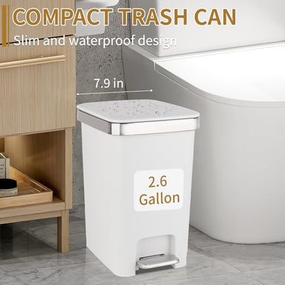 Small Bathroom Trash Can with Lid and 3 Rolls Trash Bags, Step Pedal Wastebasket Plastic Garbage Can with Pop-Up Lid 2.6 Gallon Bin for Kitchen, Bedroom, Office, Dorm, Laundry, Toilet, Rv, White - color: White