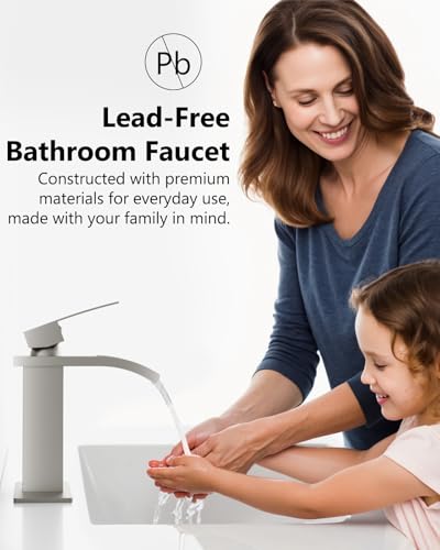 Brushed Nickel Waterfall Bathroom Faucet 1-Handle Vanity Faucet | Stainless Steel Modern Bathroom Sink Faucet,Pop-Up Drain, Supply Lines 6-in Deck Plate, 1- or 3-Hole, NSF Certified - color: Nickel