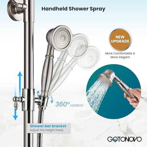 gotonovo Exposed Shower Faucet Set with Tub Spout Brushed Nickel | Brass Bathroom Shower System,8 Inch Rainfall Head with Handheld Spray and Tub Filler,Adjustable Height,6’’ Hole Distance - color: Nickel