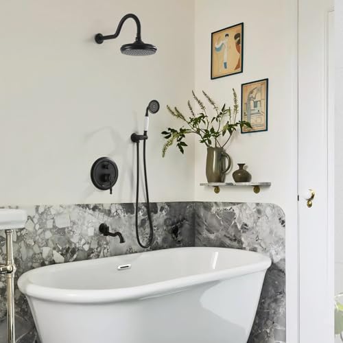 Shower Systems with Handheld Sprayer,3 Functions Shower Faucet Sets Wall Mounted,Shower Fixture with Brass Valve,Complete Shower System Kit with Foldable Tub Spout (Matte Black) - color: Matte Black