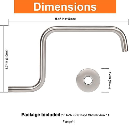 S Shaped Shower Arm, High Rise Shower Head Extension Pipe Standard 1/2" Connection with Flange, Awesome Shower Experience-Stainless Steel Bathroom Accessory(16 Inch Z-S Shape, Brushed Nickel) - color: Brushed Nickel, style: 16" Z Shape