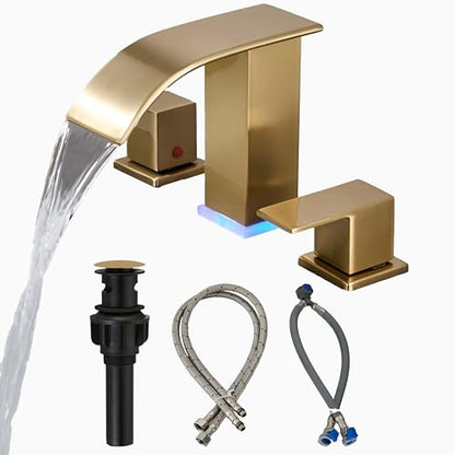 Brushed Gold Bathroom Faucet 3 Hole Widespread Waterfall Vanity Faucet for Bathroom Sink, Modern Touch on Two Handle Gold Faucet (Brushed Gold) - color: Brushed Gold