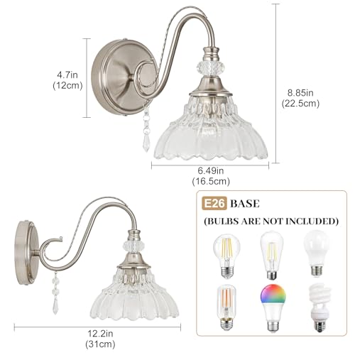 1 Piece Brushed Nickel Finish Wall Sconce, 1-Light Modern Wall Sconce with Hanging Crystal Accents and Flower-Shaped Clear Shades for Bathroom Bedroom Living Room,Modern Vanity Light - color: Nickel, size: 1-Light