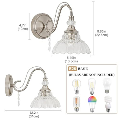 1 Piece Brushed Nickel Finish Wall Sconce, 1-Light Modern Wall Sconce with Hanging Crystal Accents and Flower-Shaped Clear Shades for Bathroom Bedroom Living Room,Modern Vanity Light - color: Nickel, size: 1-Light