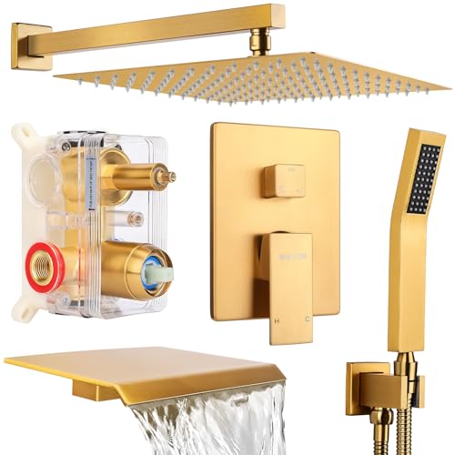 Wall Mounted Shower Faucet Set, Shower System with Tub Spout, 10 Inch Rainfall Shower Head with Handheld Spray, Waterfall Tub Spout Bathtub Faucet, Brushed Gold - color: Brushed Gold